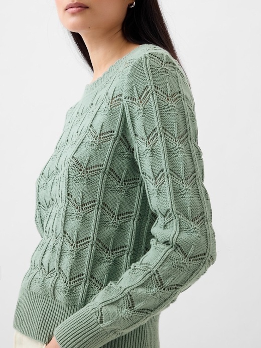 GAP Cotton Open Knit Scalloped Collar Sweater Size S Coastal Sage Fisherman Soft